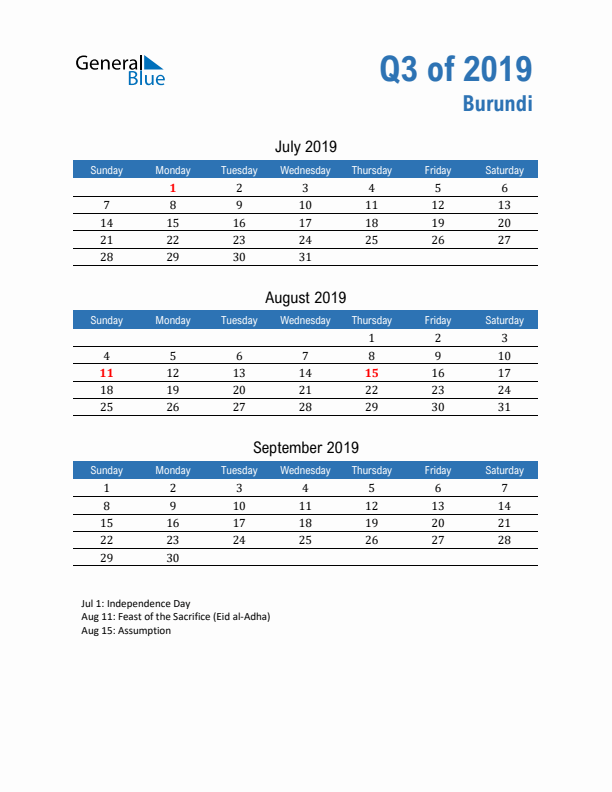Burundi 2019 Quarterly Calendar with Sunday Start