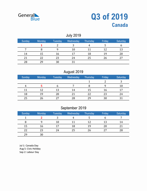 Canada 2019 Quarterly Calendar with Sunday Start