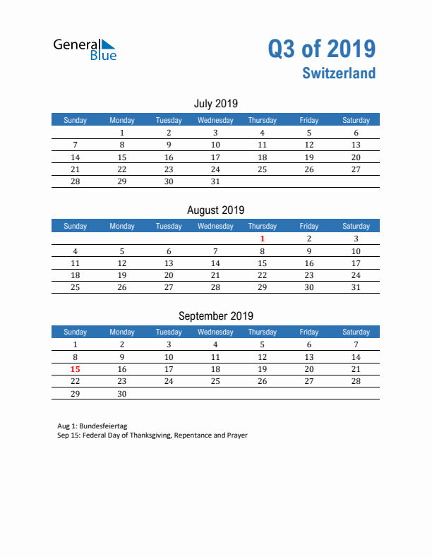 Switzerland 2019 Quarterly Calendar with Sunday Start