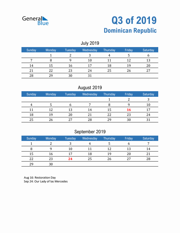 Dominican Republic 2019 Quarterly Calendar with Sunday Start