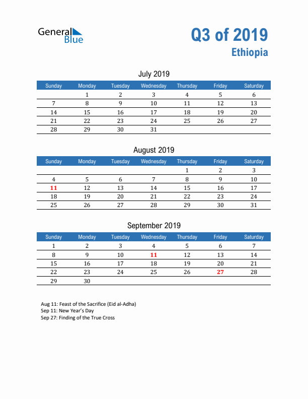 Ethiopia 2019 Quarterly Calendar with Sunday Start