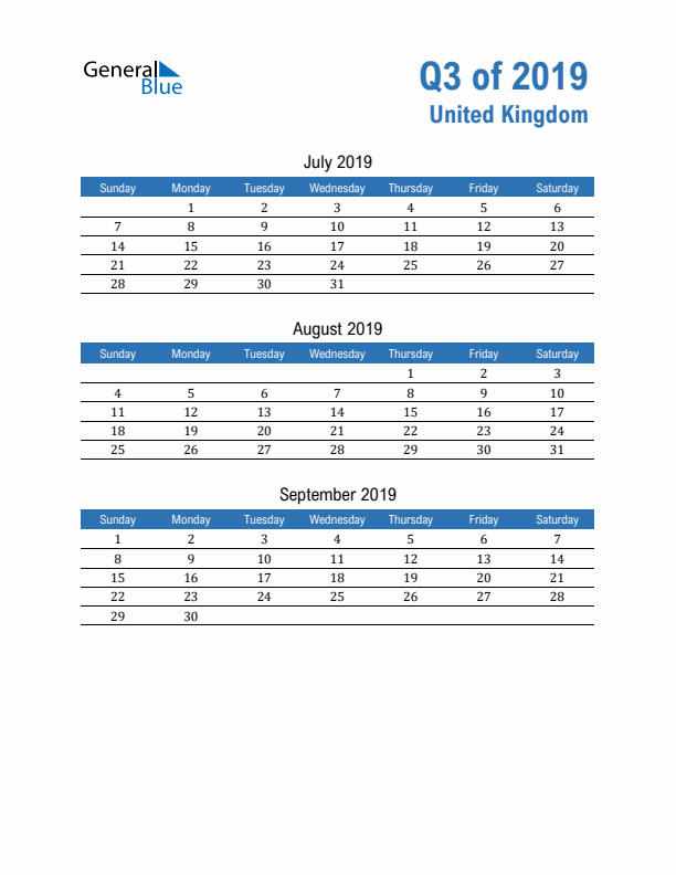 United Kingdom 2019 Quarterly Calendar with Sunday Start