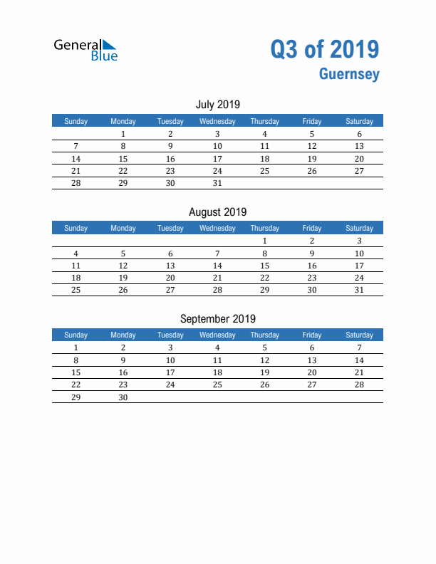 Guernsey 2019 Quarterly Calendar with Sunday Start