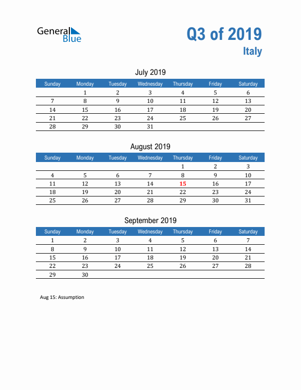 Italy 2019 Quarterly Calendar with Sunday Start