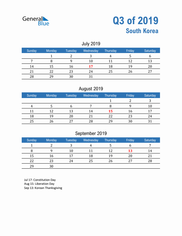South Korea 2019 Quarterly Calendar with Sunday Start