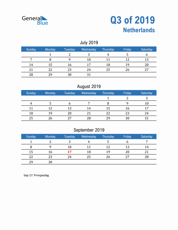 The Netherlands 2019 Quarterly Calendar with Sunday Start