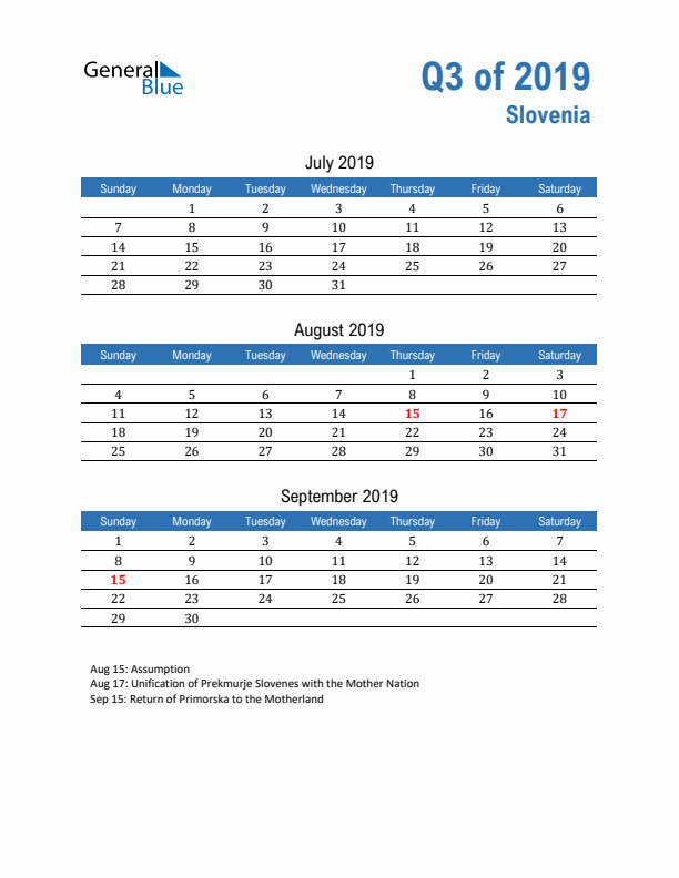 Slovenia 2019 Quarterly Calendar with Sunday Start