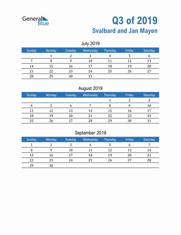 Svalbard and Jan Mayen 2019 Quarterly Calendar with Sunday Start