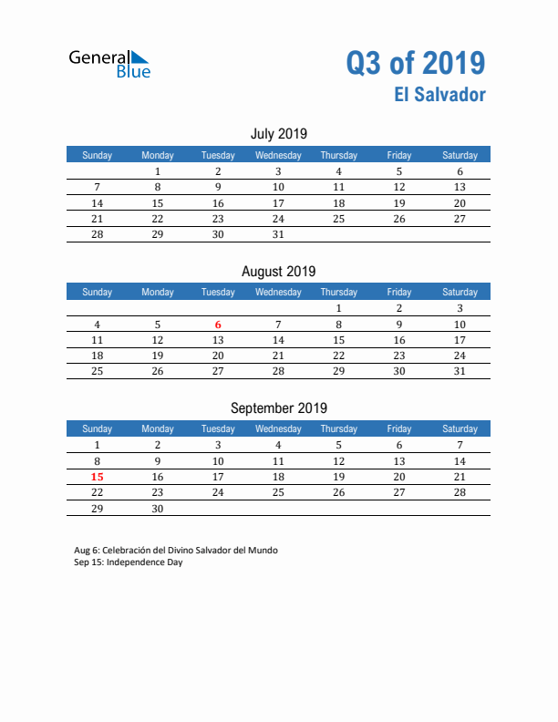 El Salvador 2019 Quarterly Calendar with Sunday Start