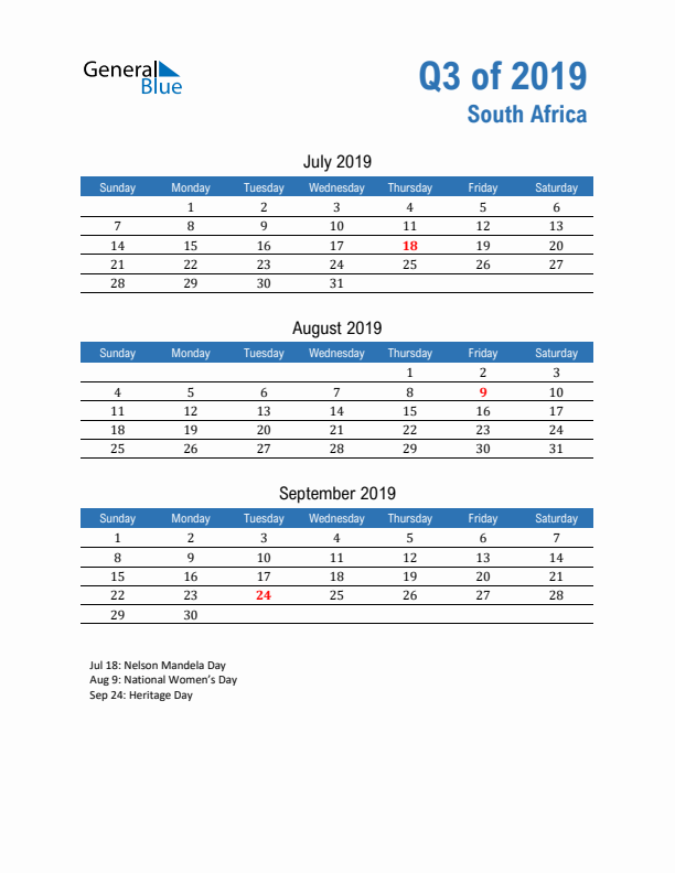 South Africa 2019 Quarterly Calendar with Sunday Start