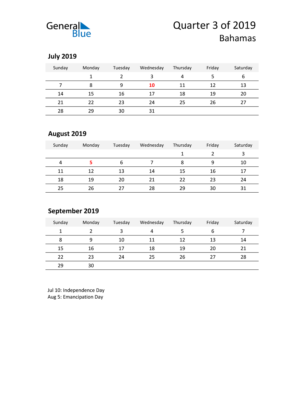  2019 Three-Month Calendar for Bahamas