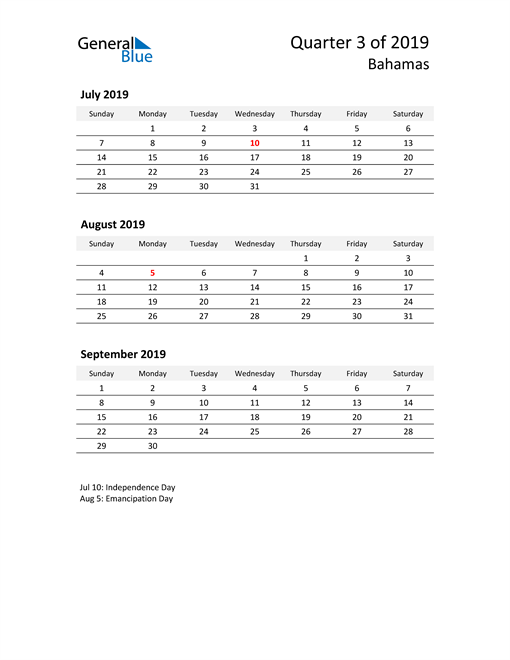  2019 Three-Month Calendar for Bahamas
