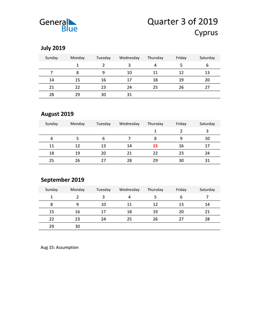  2019 Three-Month Calendar for Cyprus