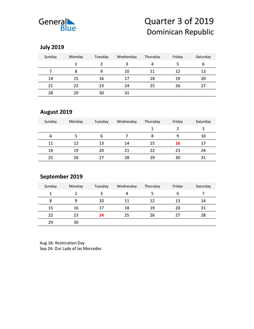  2019 Three-Month Calendar for Dominican Republic