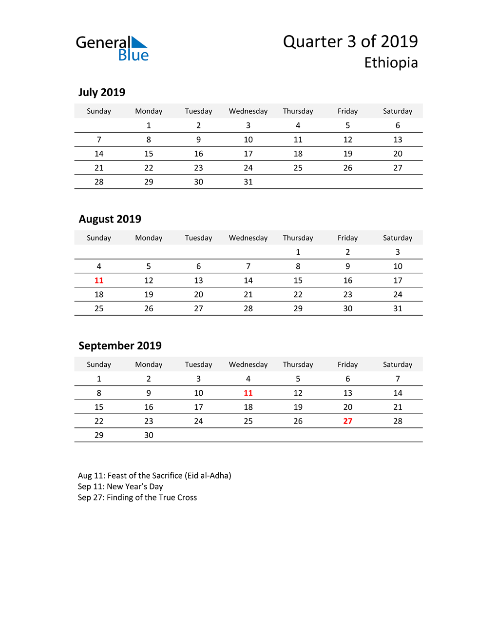  2019 Three-Month Calendar for Ethiopia