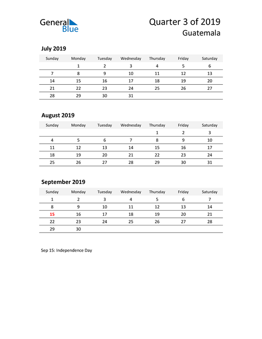  2019 Three-Month Calendar for Guatemala