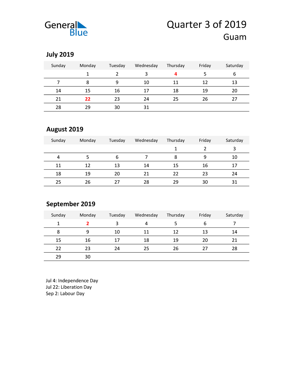  2019 Three-Month Calendar for Guam