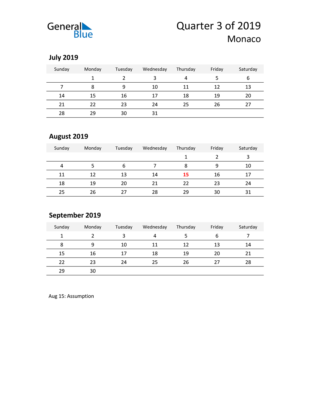  2019 Three-Month Calendar for Monaco