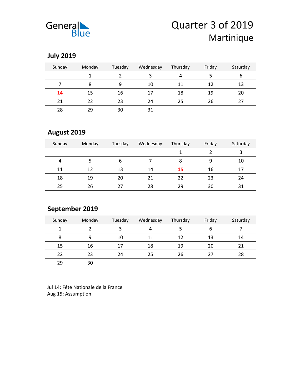  2019 Three-Month Calendar for Martinique