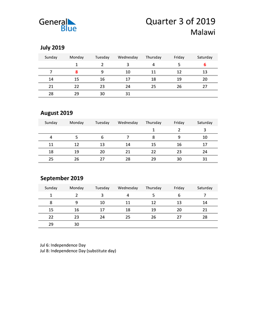  2019 Three-Month Calendar for Malawi