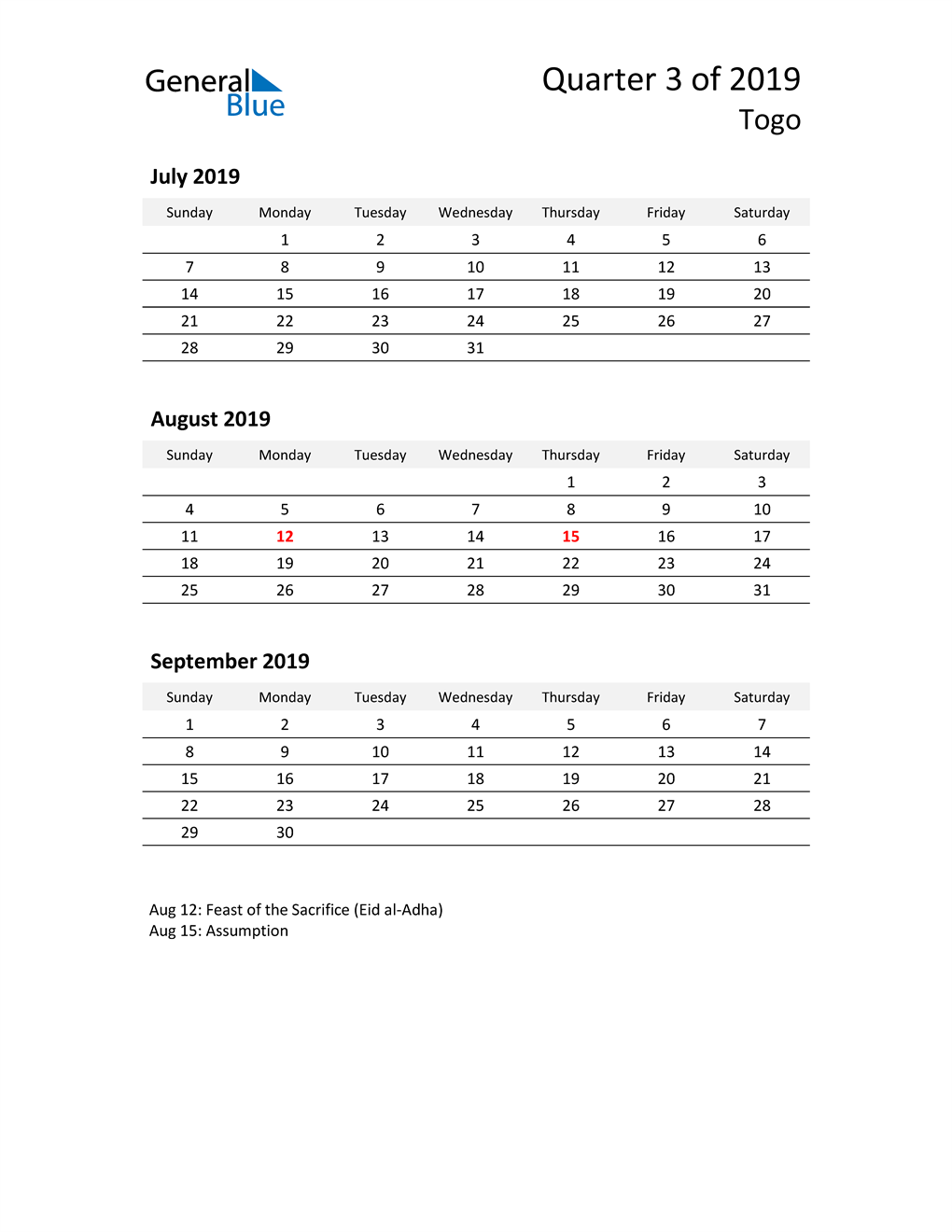  2019 Three-Month Calendar for Togo