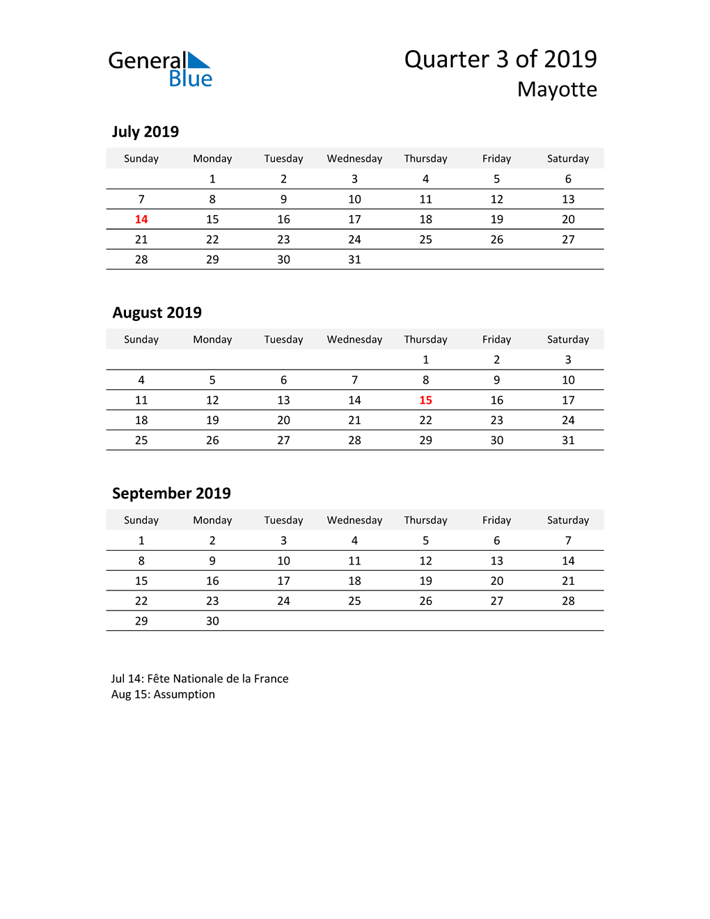  2019 Three-Month Calendar for Mayotte