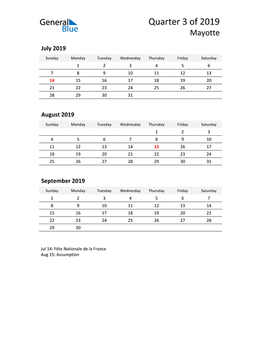  2019 Three-Month Calendar for Mayotte