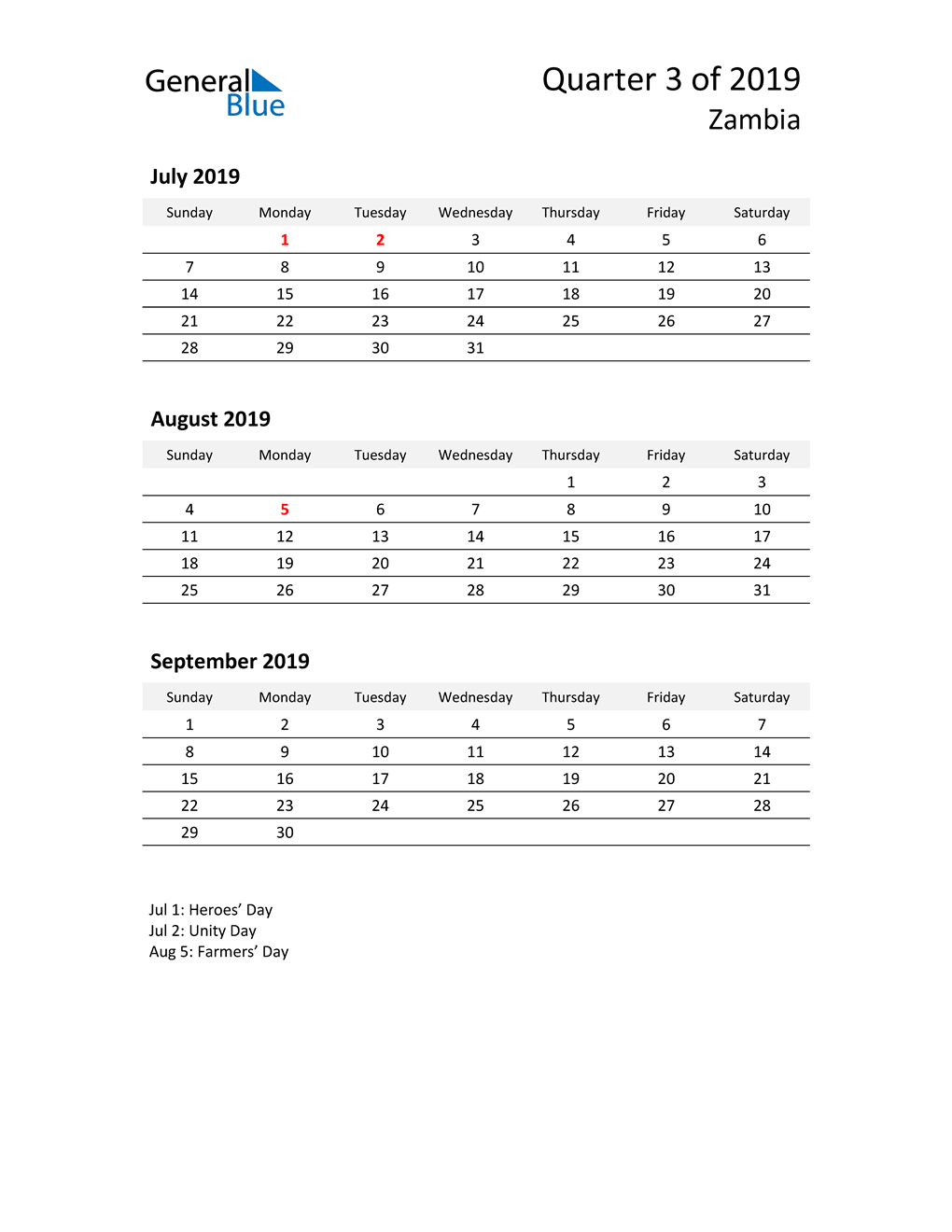  2019 Three-Month Calendar for Zambia