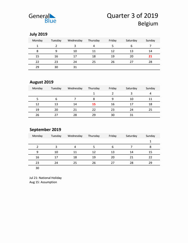 2019 Three-Month Calendar for Belgium