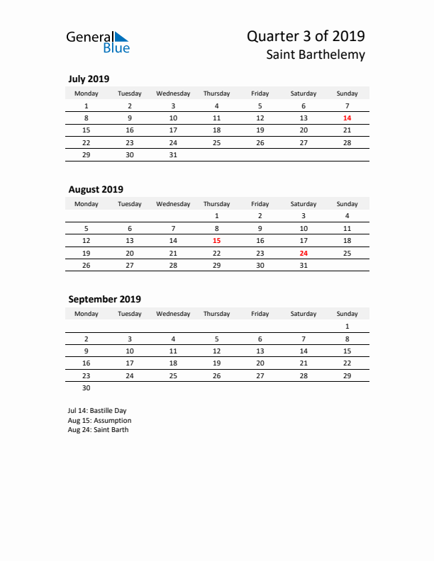 2019 Three-Month Calendar for Saint Barthelemy