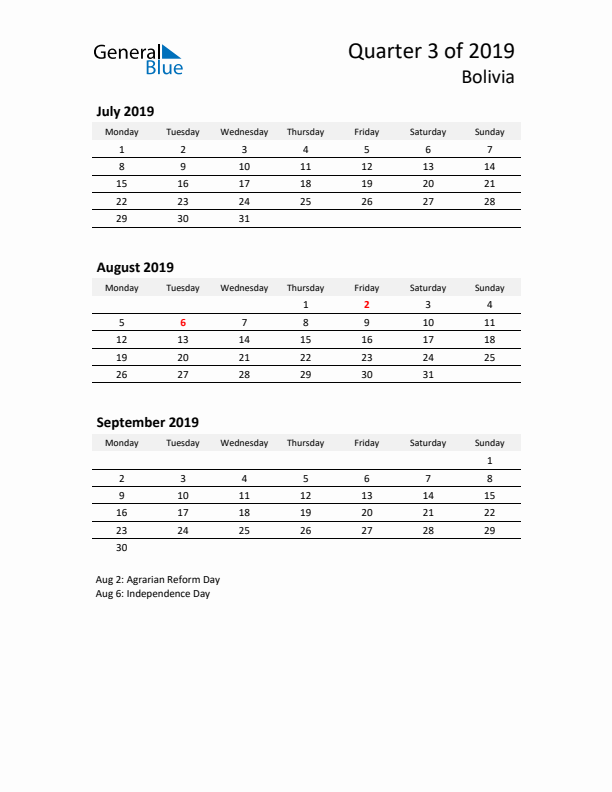 2019 Three-Month Calendar for Bolivia