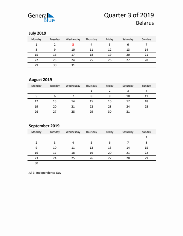 2019 Three-Month Calendar for Belarus
