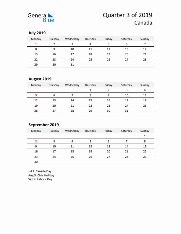 2019 Three-Month Calendar for Canada