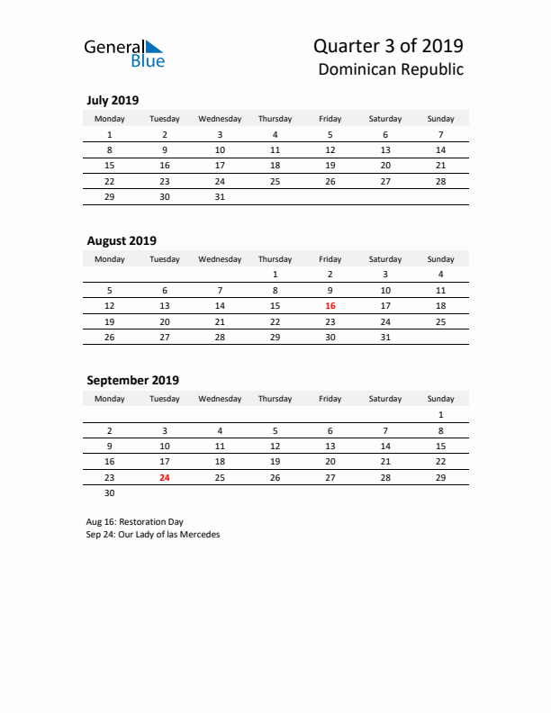 2019 Three-Month Calendar for Dominican Republic