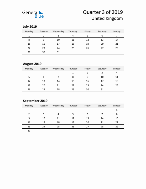 2019 Three-Month Calendar for United Kingdom
