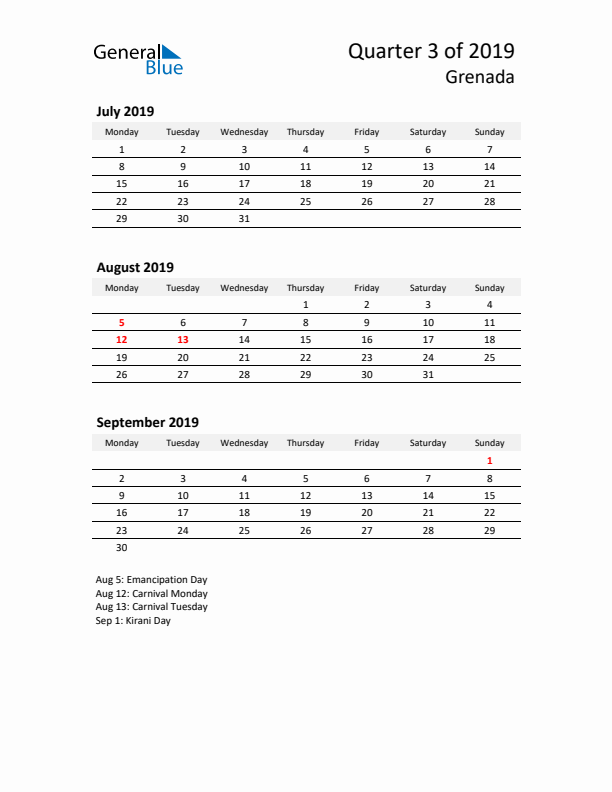 2019 Three-Month Calendar for Grenada
