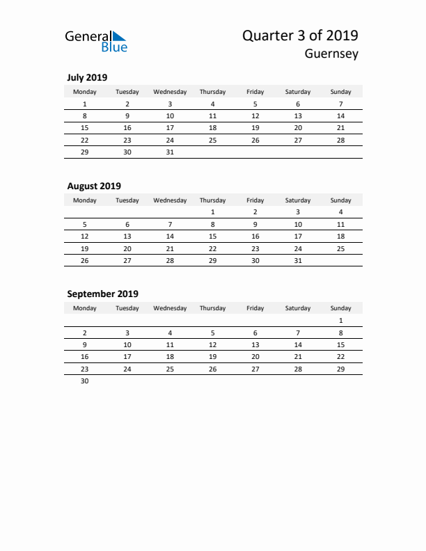 2019 Three-Month Calendar for Guernsey