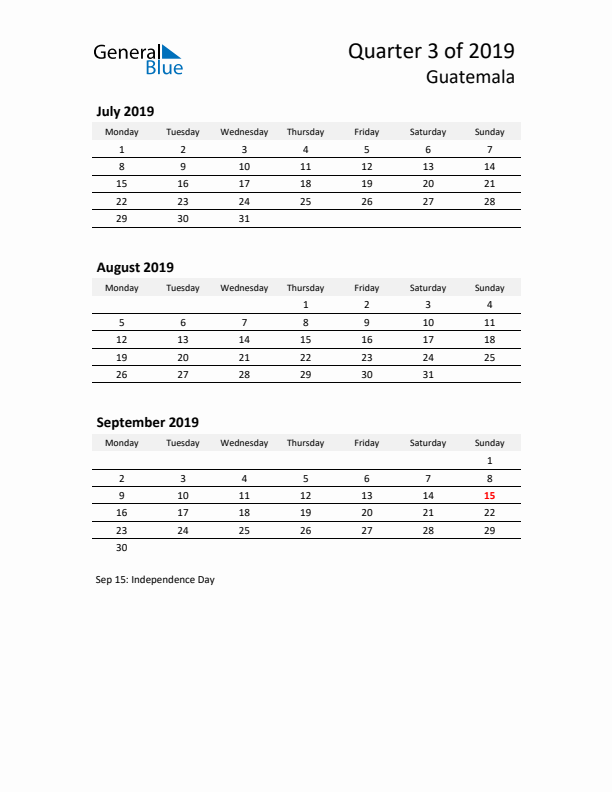 2019 Three-Month Calendar for Guatemala