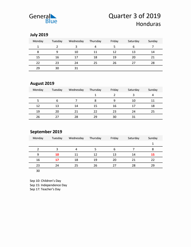 2019 Three-Month Calendar for Honduras