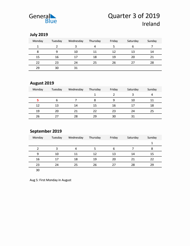 2019 Three-Month Calendar for Ireland