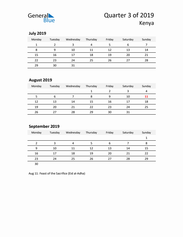 2019 Three-Month Calendar for Kenya