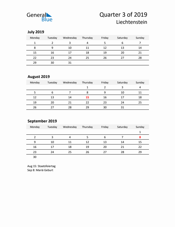 2019 Three-Month Calendar for Liechtenstein