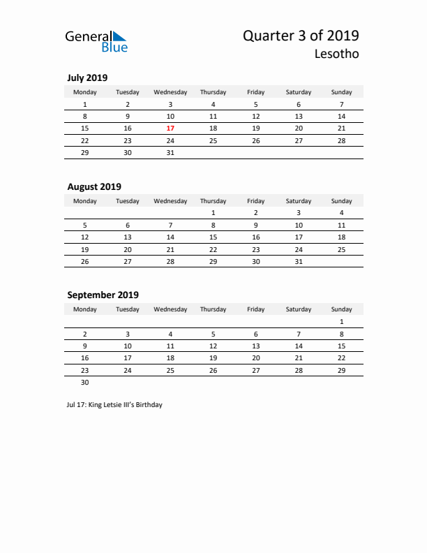 2019 Three-Month Calendar for Lesotho