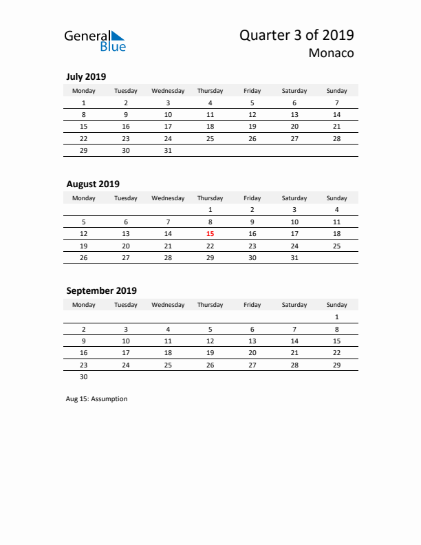 2019 Three-Month Calendar for Monaco