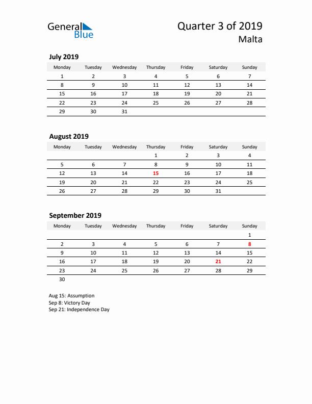2019 Three-Month Calendar for Malta