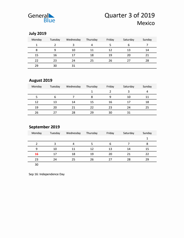 2019 Three-Month Calendar for Mexico