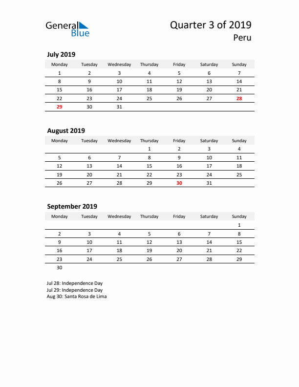 2019 Three-Month Calendar for Peru