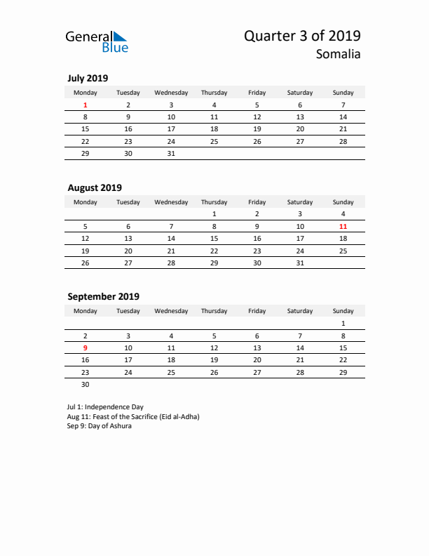 2019 Three-Month Calendar for Somalia