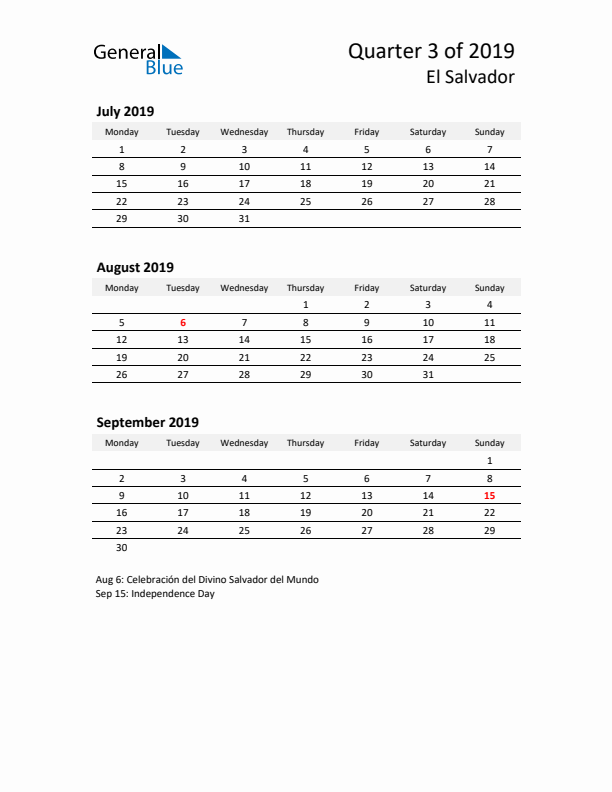 2019 Three-Month Calendar for El Salvador