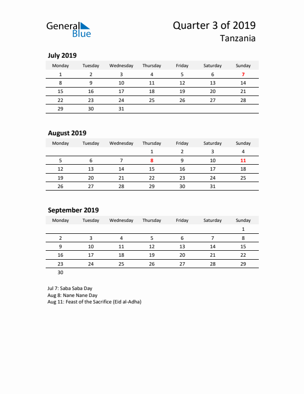 2019 Three-Month Calendar for Tanzania